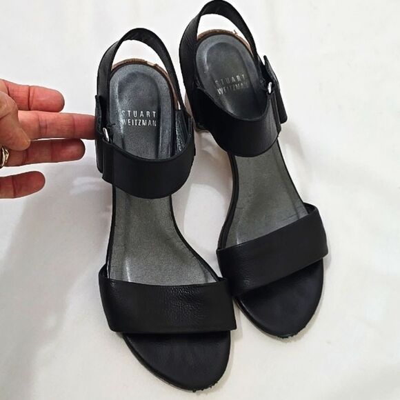 Stuart Weitzman Broadband Leather City Open Tow block Sandals heels Size 7.5 - Picture 1 of 11